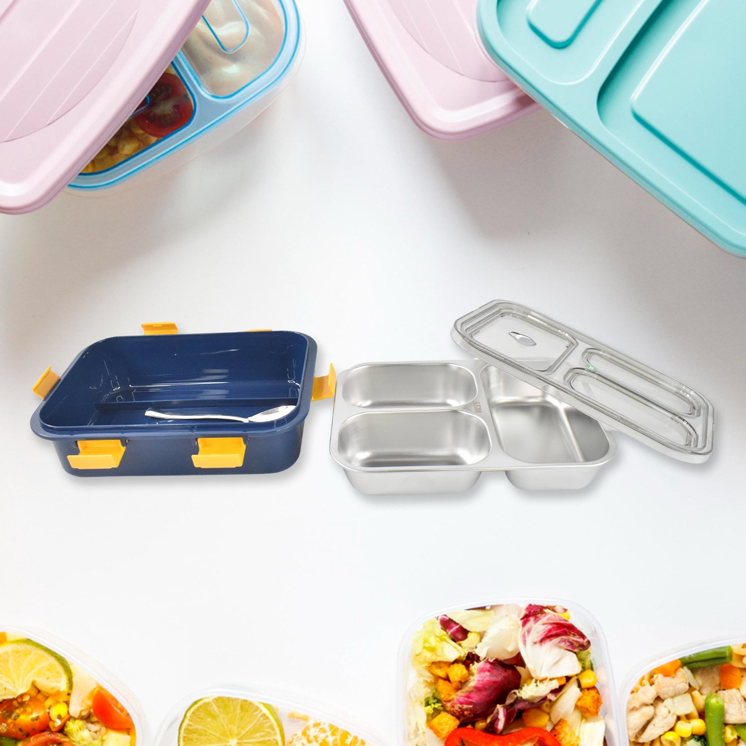 Wukusy stainless steel lunch box for kids with 3 compartments, transparent lid, ideal for healthy, organized meal storage.