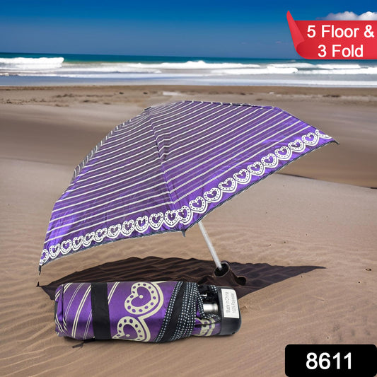 Wukusy 3-fold 5-floor sun protective foldable umbrella, solid color, compact design for home outdoor shade protection.