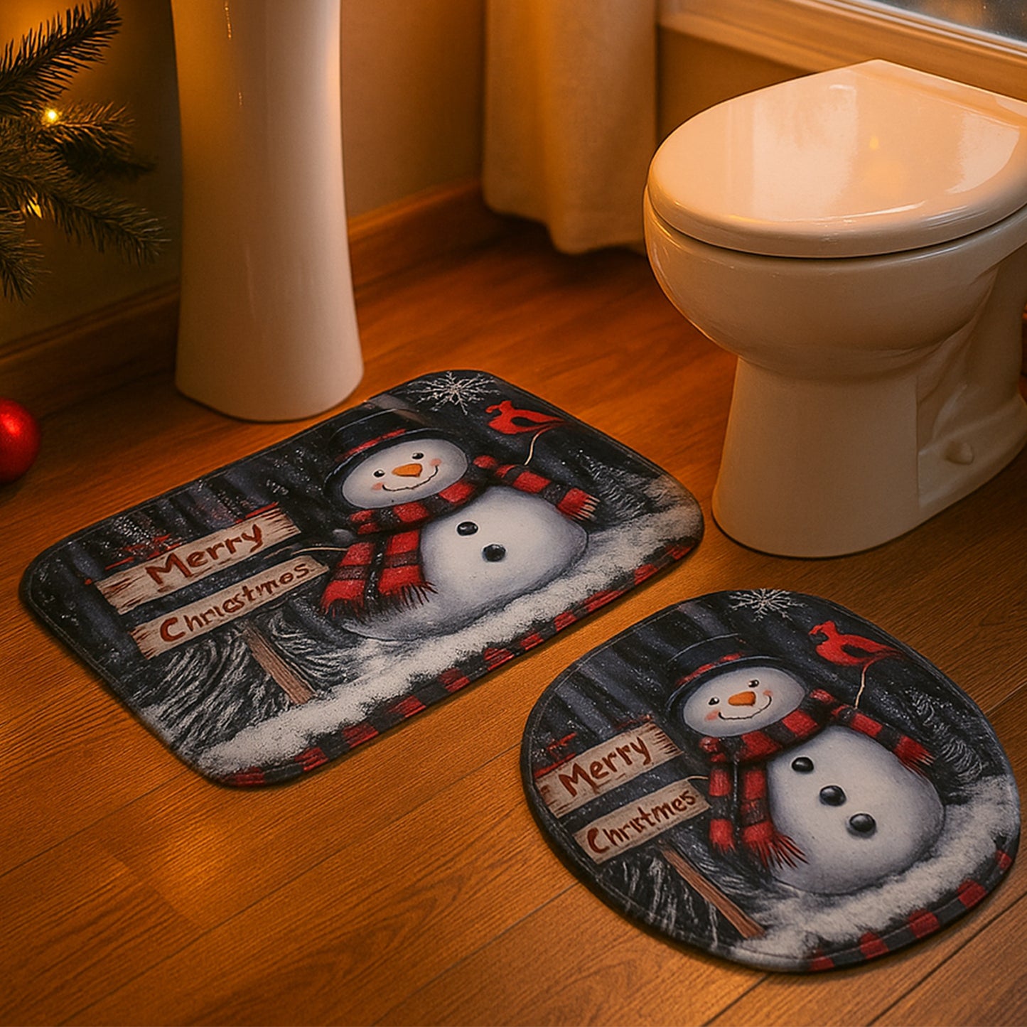 Wukusy 3-in-1 Christmas-themed bathroom mat set with holiday design, perfect for festive home improvement and bathroom decor.