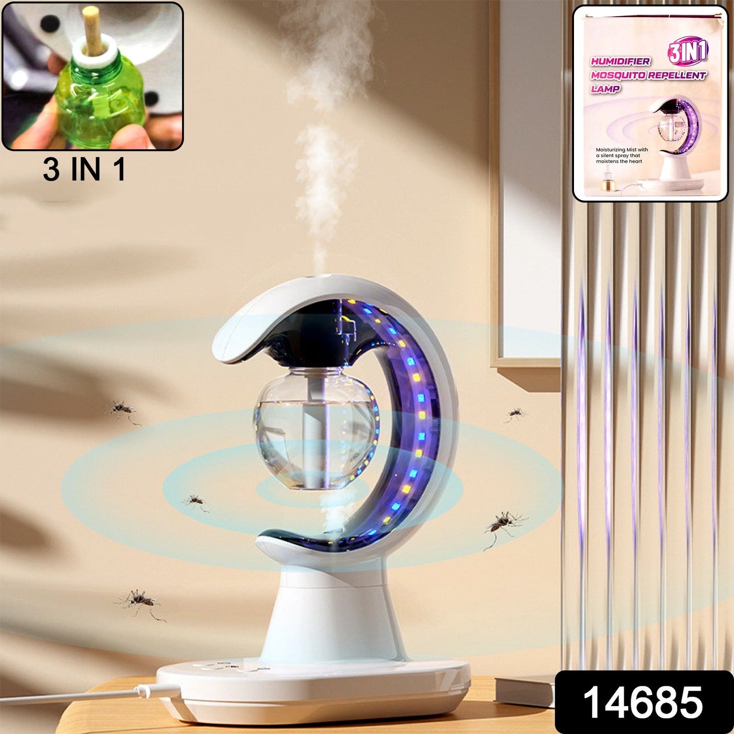 Wukusy 3-in-1 LED lamp with humidifier and mosquito repellent for home improvement, showing the multi-function device on a modern table.