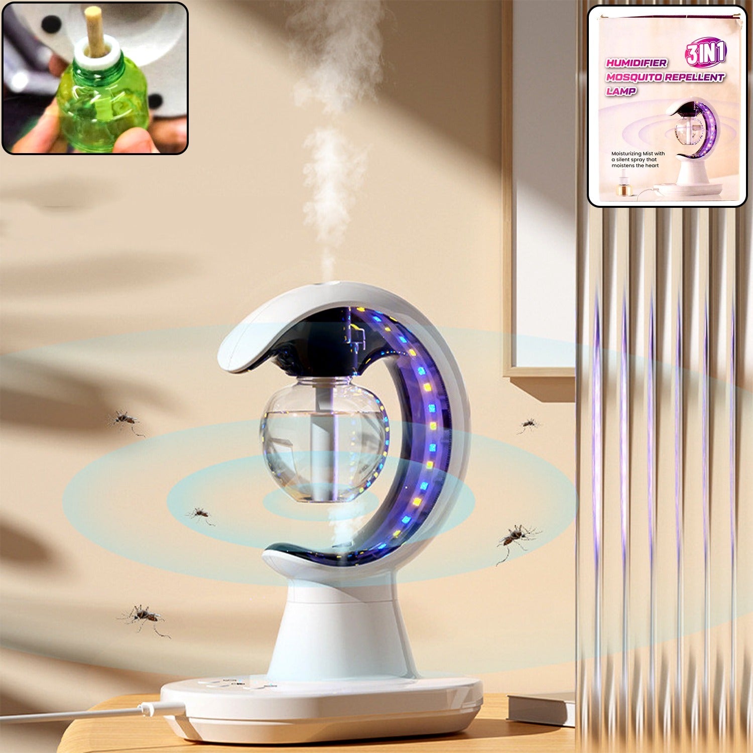Wukusy 3-in-1 LED lamp with humidifier and mosquito repellent, home improvement device with adjustable light and mist functions.