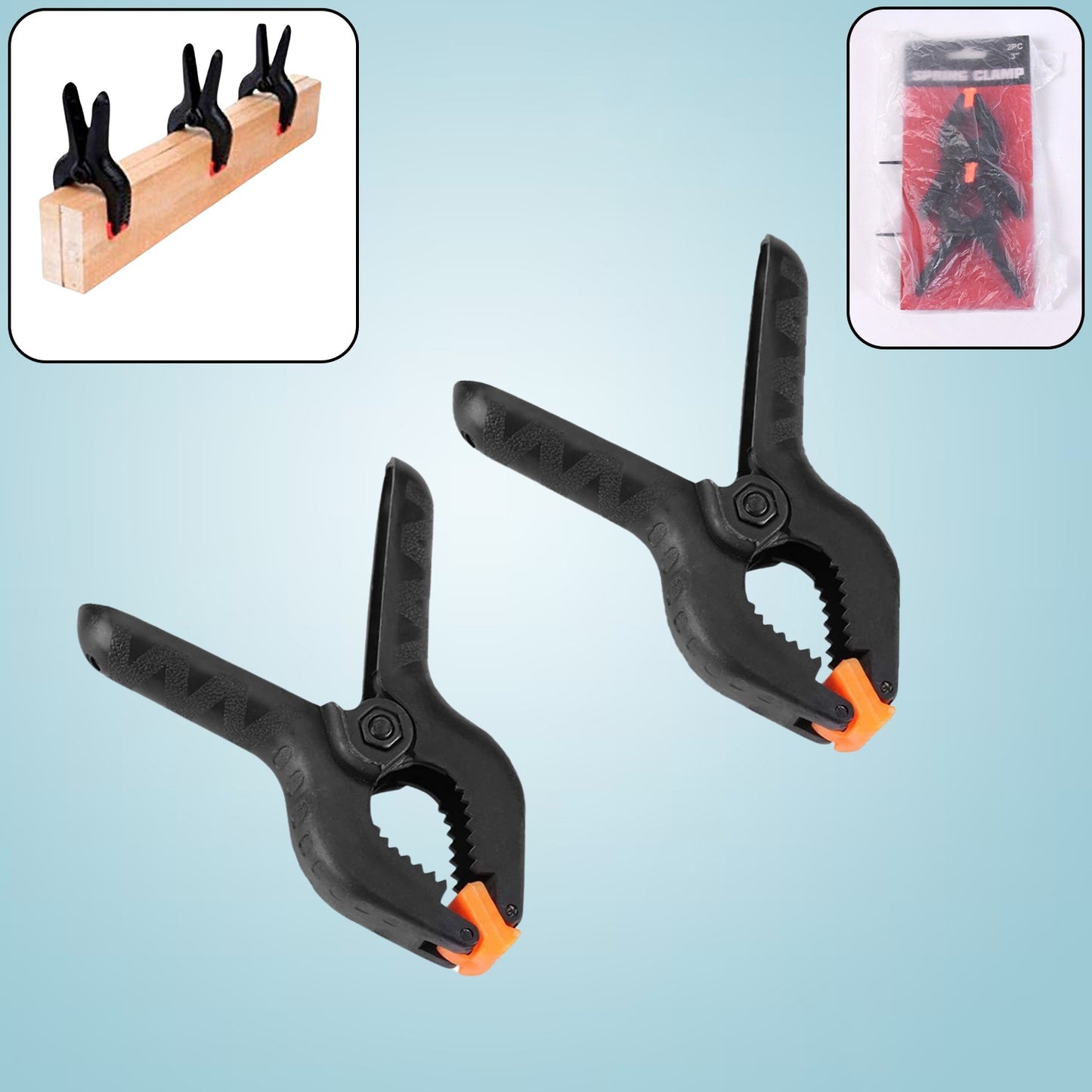 Set of two Wukusy 3-inch heavy-duty spring clamps for home improvement, ideal for securing materials during projects.