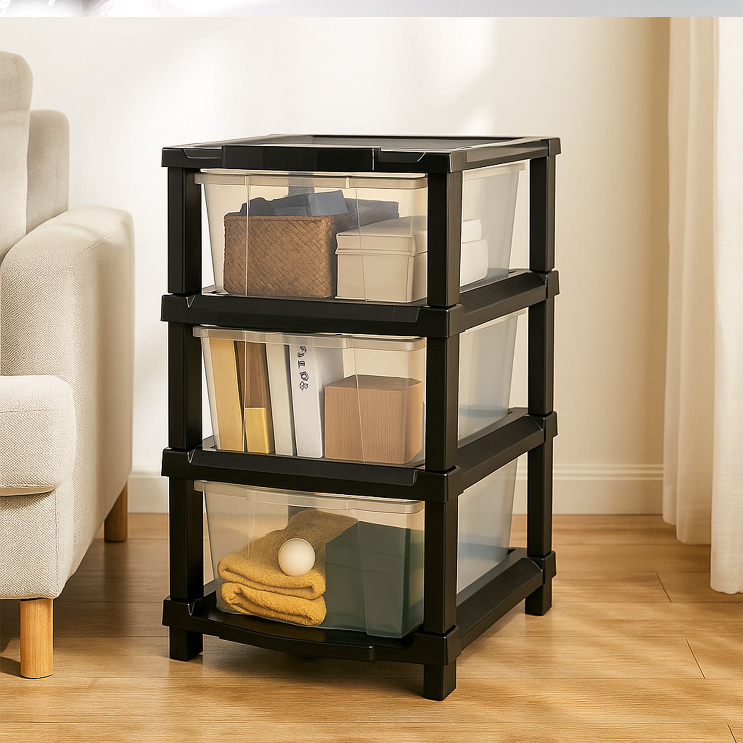 Clear 3-layer Wukusy drawer storage organizer for home improvement, with transparent plastic compartments for easy organization.