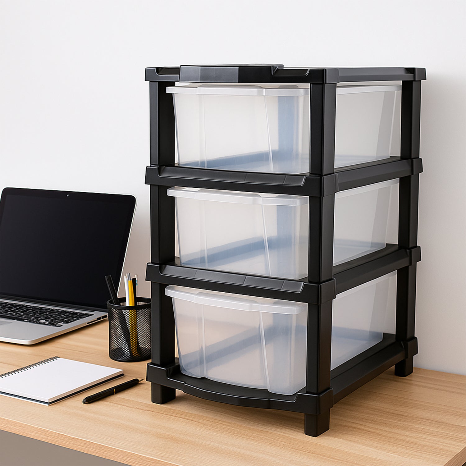 Wukusy 3-layer transparent drawer storage organizer for home improvement, showing clear plastic compartments for organizing small items.