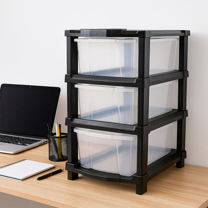 Wukusy 3-layer transparent drawer storage organizer for home improvement, showing clear plastic compartments for organizing small items.