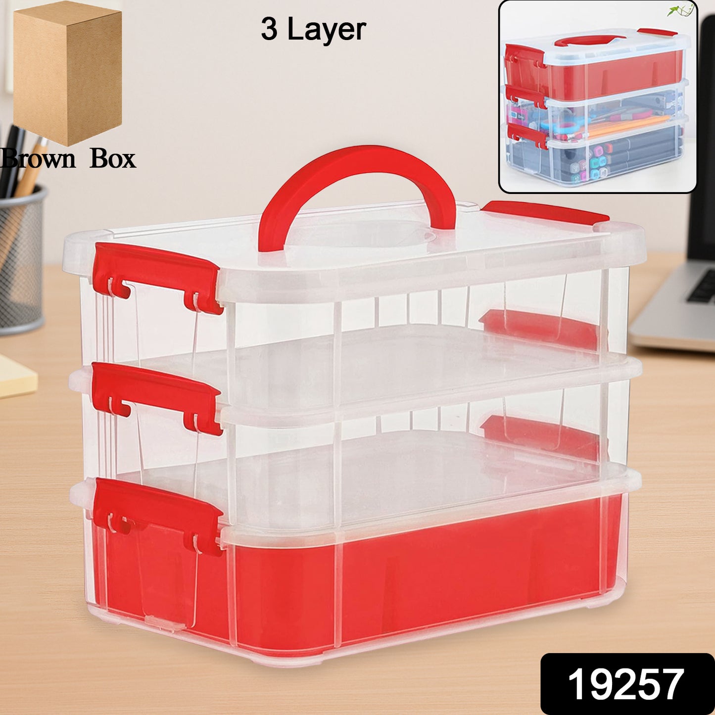 Wukusy 3-layer transparent plastic storage carry box with handle, ideal for home organization and multi-purpose use.