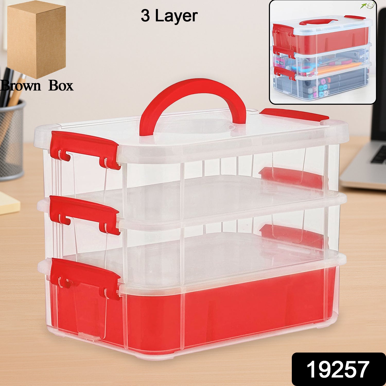 Wukusy 3-layer transparent plastic storage carry box with handle, ideal for home organization and multi-purpose use.