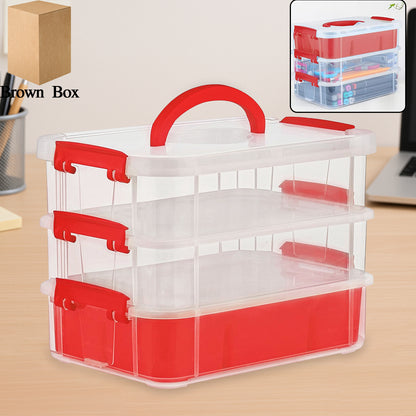 Wukusy 3-layer transparent plastic storage carry box with handle, ideal for home organization and multi-purpose storage.