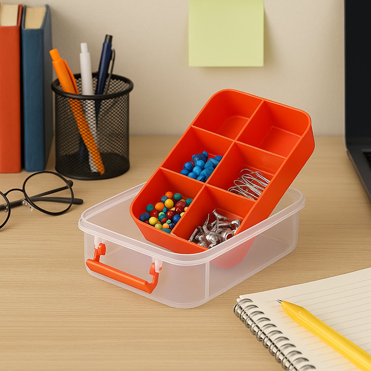 Wukusy 3-layer transparent plastic storage carry box with handle, ideal for organizing home improvement tools and supplies.