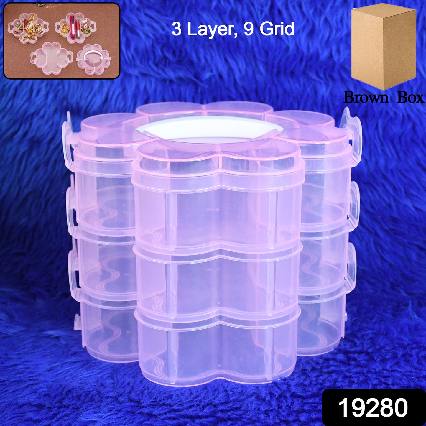 Wukusy 3-layer transparent plastic flower-shaped storage box with 9 grids for organizing small items at home.