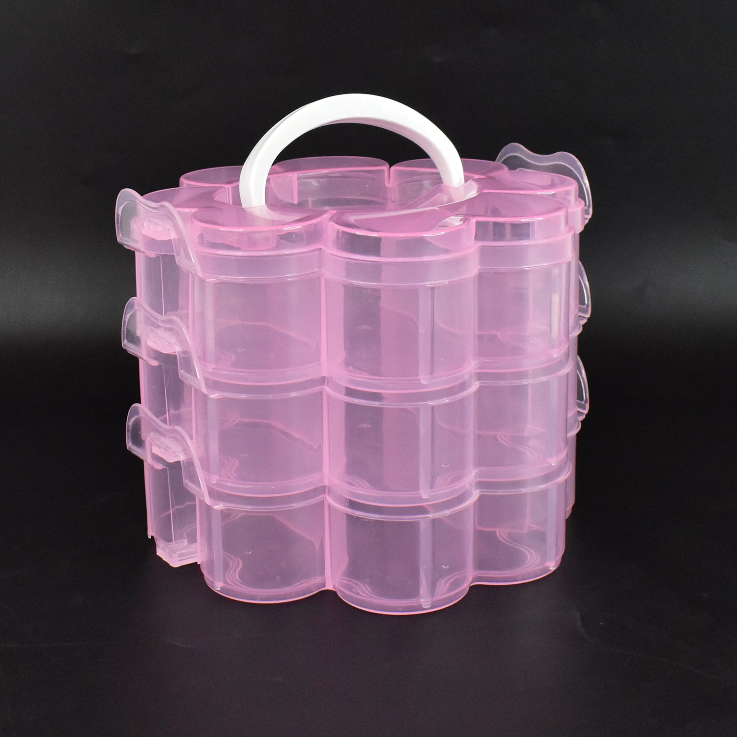 Wukusy 3-layer transparent plastic flower-shaped storage box with 9 grids for organizing small items at home.