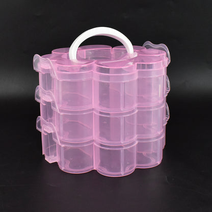 Wukusy 3-layer transparent plastic flower-shaped storage box with 9 grids for organizing small items at home.