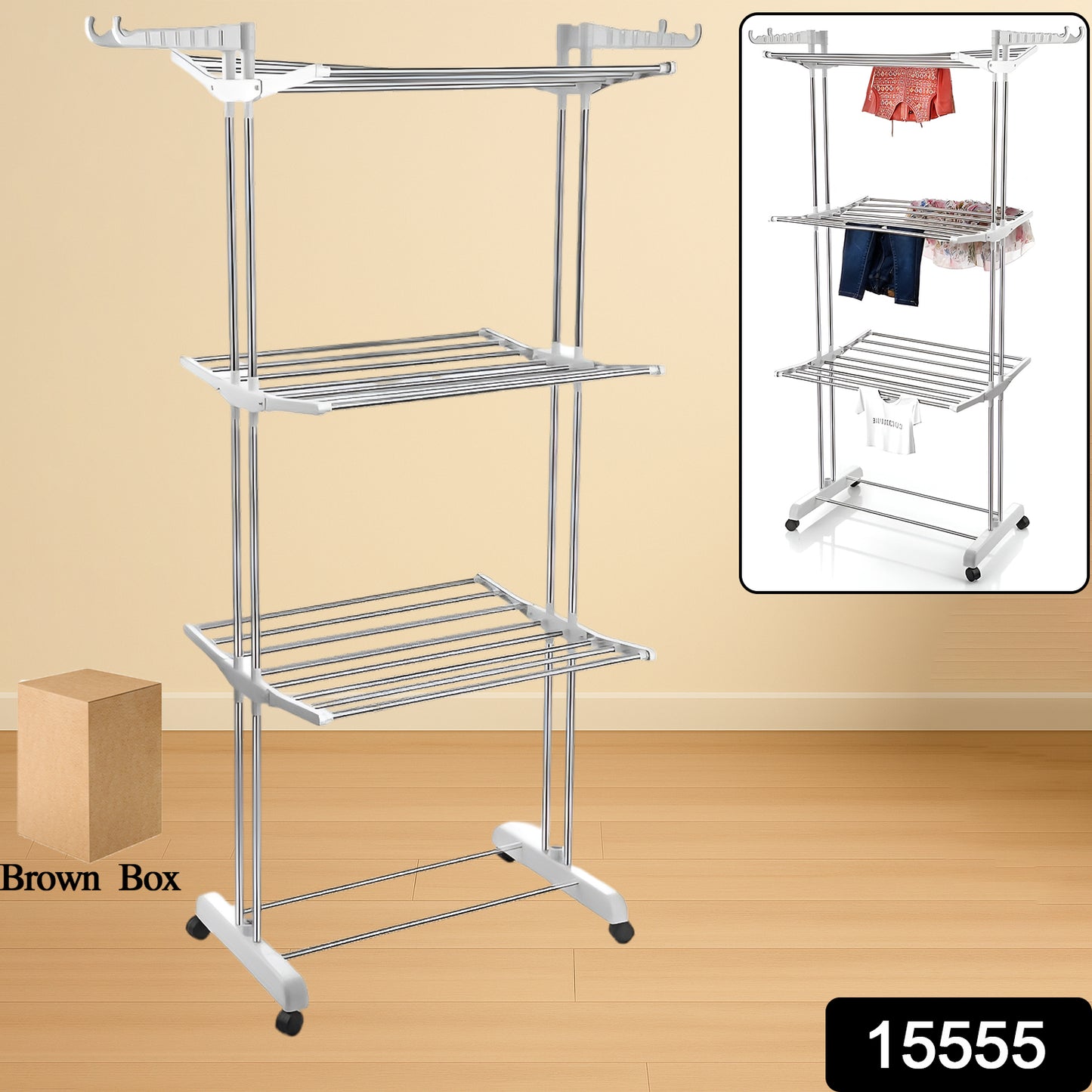 Wukusy 3-tier foldable stainless steel cloth drying stand with wheels, ideal for home laundry drying and easy mobility.