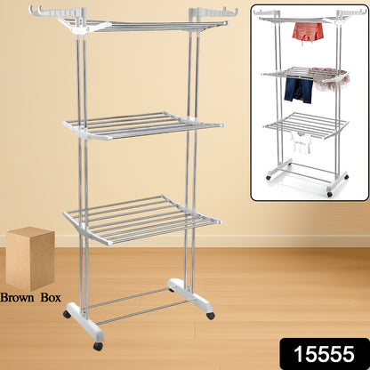 Wukusy 3-tier foldable stainless steel cloth drying stand with wheels, ideal for home laundry drying and easy mobility.
