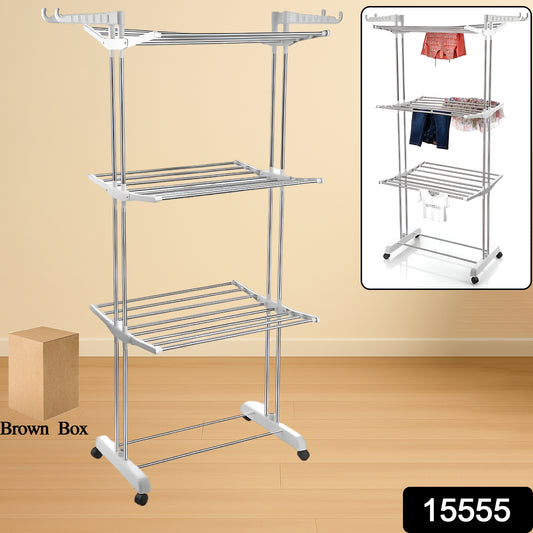 Wukusy 3-tier foldable stainless steel cloth drying stand with wheels, ideal for home laundry drying and easy mobility.