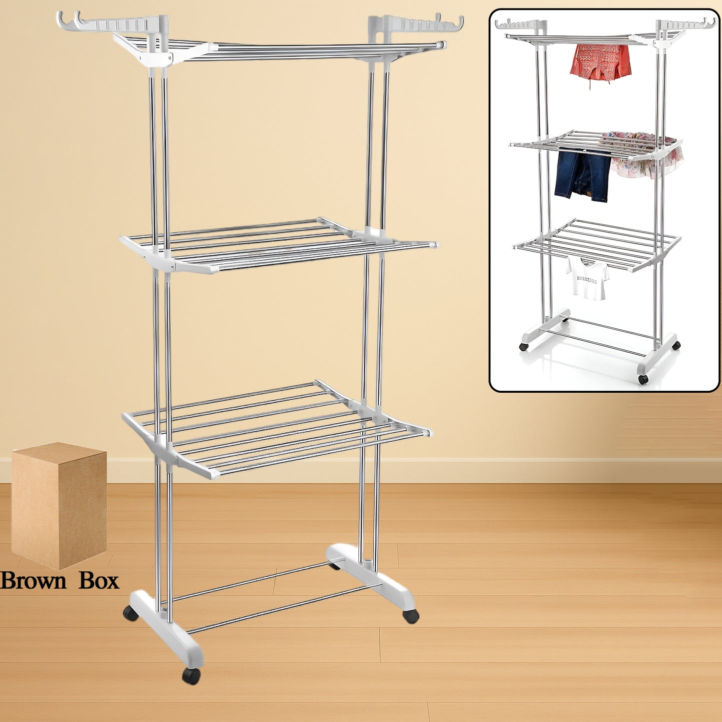 Wukusy 3-tier foldable stainless steel cloth drying stand with wheels, designed for home improvement and laundry drying.
