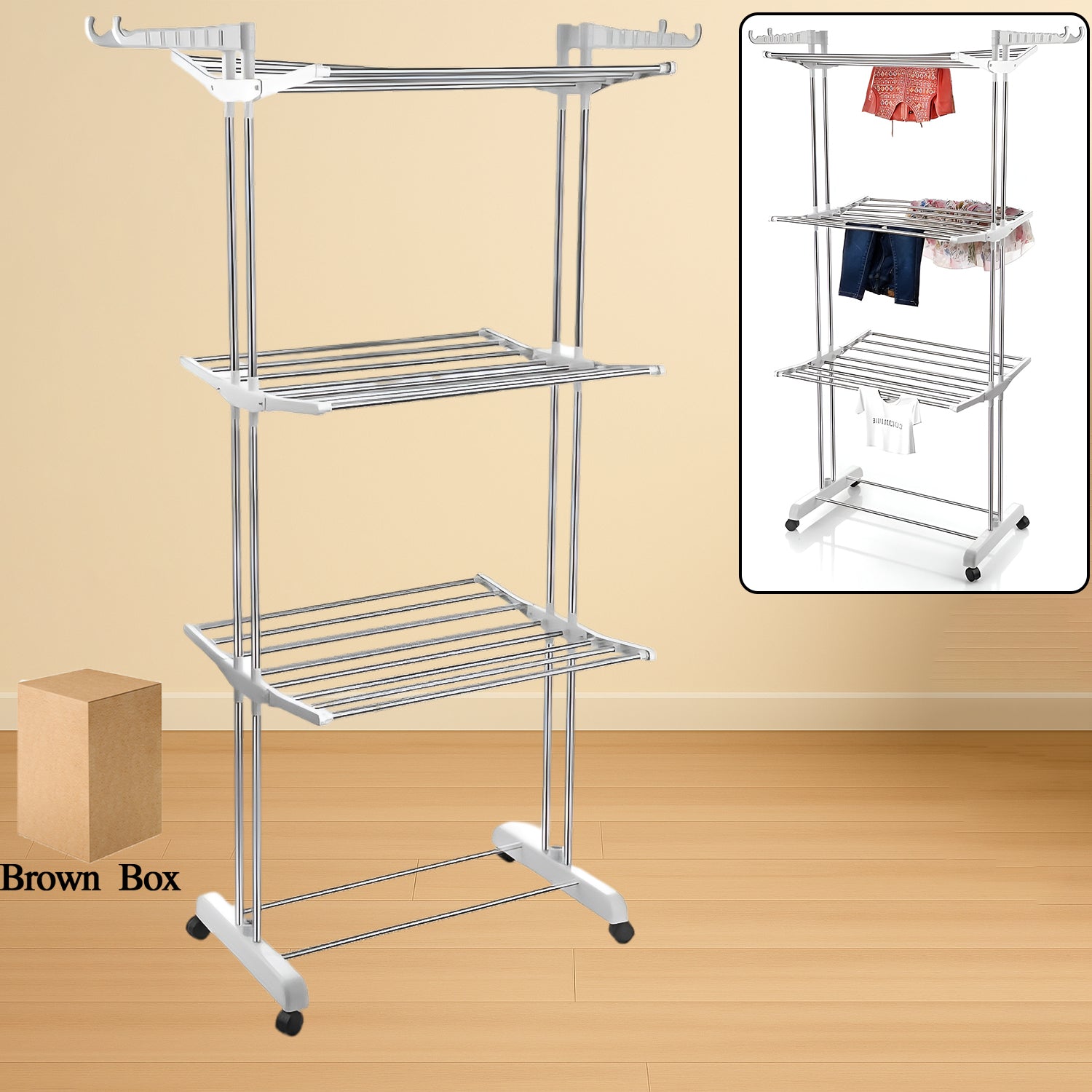 Wukusy 3-tier foldable stainless steel cloth drying stand with wheels, designed for home improvement and laundry drying.
