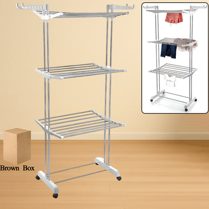 Wukusy 3-tier foldable stainless steel cloth drying stand with wheels, designed for home improvement and laundry drying.