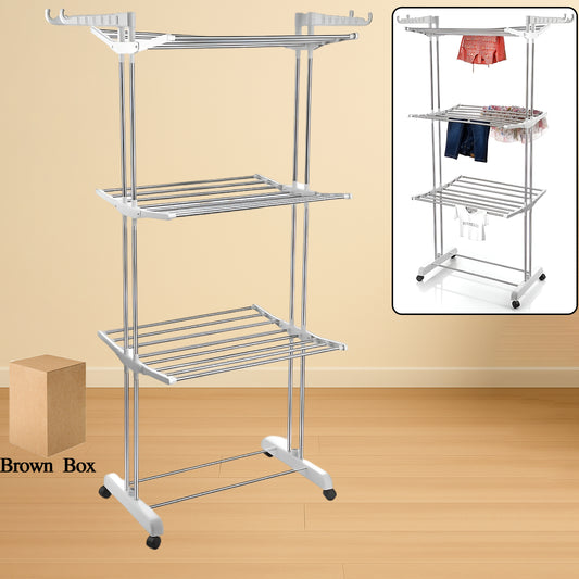 Wukusy 3-tier foldable stainless steel cloth drying stand with wheels, designed for home improvement and laundry drying.