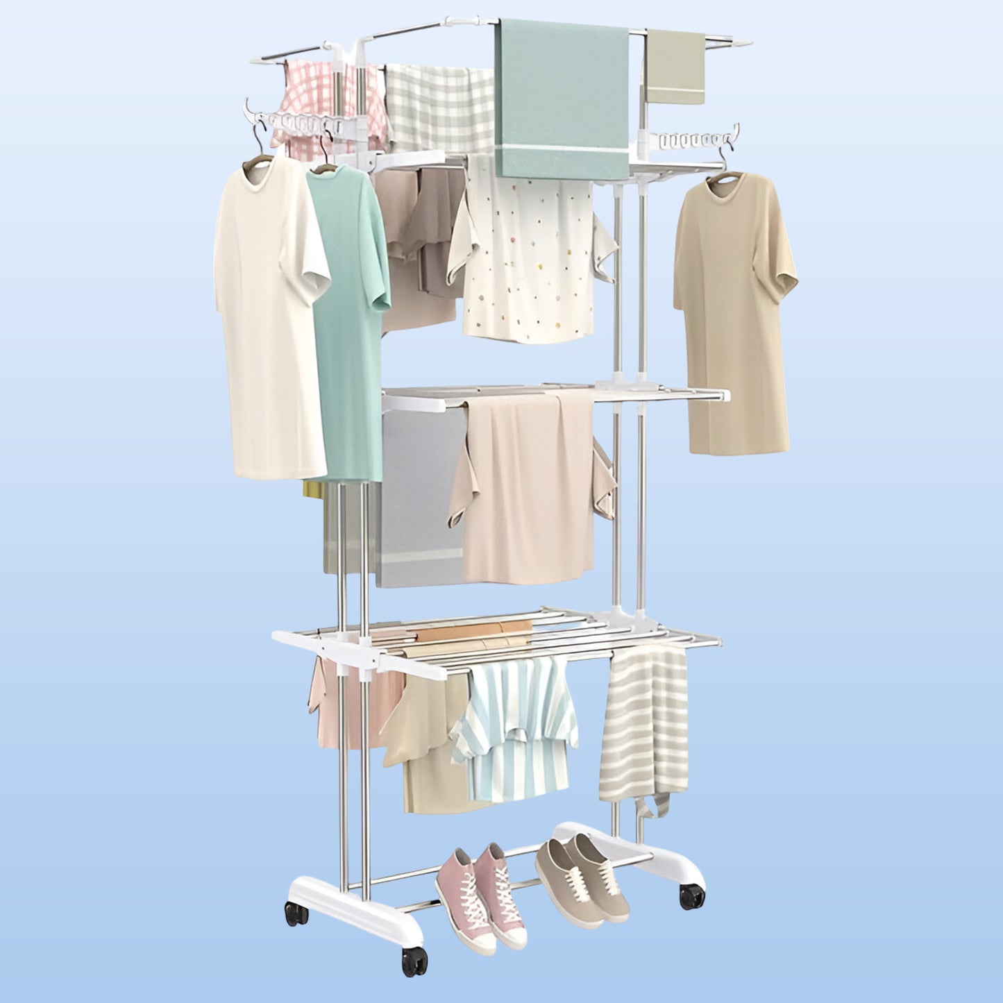 Wukusy 3-tier foldable stainless steel cloth drying stand with wheels, ideal for home laundry and clothes drying.