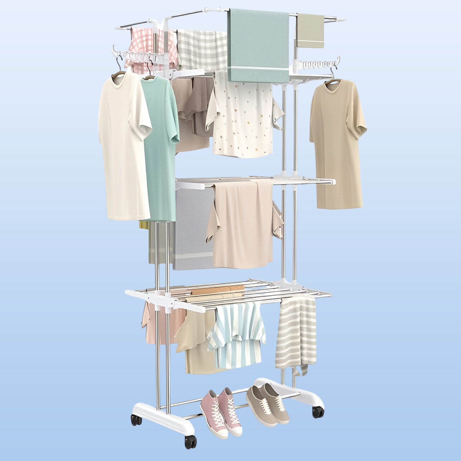 Wukusy 3-tier foldable stainless steel cloth drying stand with wheels, ideal for home laundry and clothes drying.