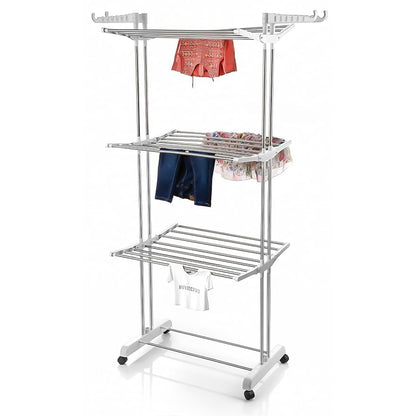 Wukusy 3-tier foldable stainless steel cloth drying stand with wheels for home laundry and drying.