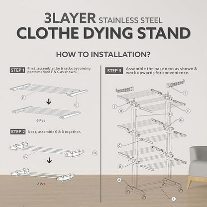 Wukusy 3-tier foldable stainless steel cloth drying stand with wheels for home improvement and laundry drying.