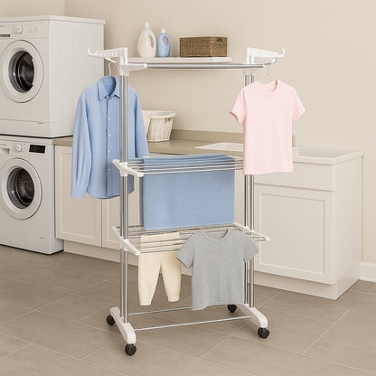 Wukusy 3-tier foldable stainless steel cloth drying stand with wheels for home laundry organization and easy mobility.