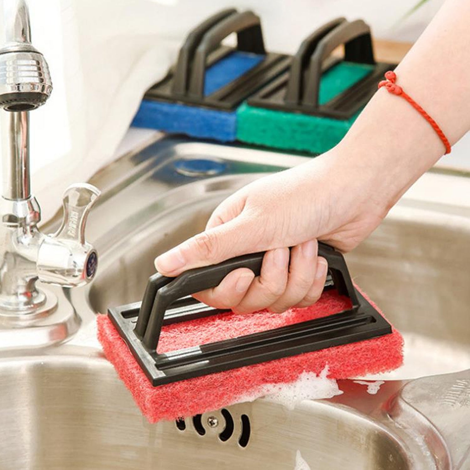 Wukusy 3408 tile cleaning multipurpose scrubber brush with handle for home improvement and deep cleaning surfaces.