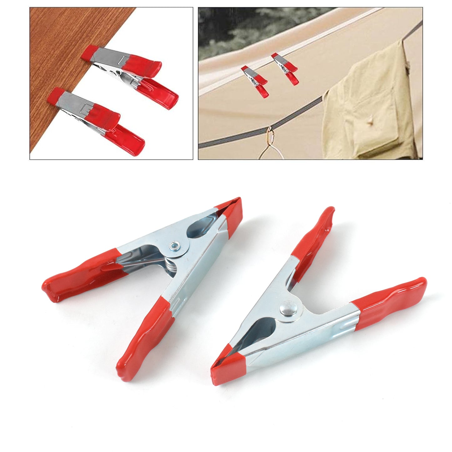 Set of two Wukusy 4-inch heavy-duty metal spring clamps for home improvement, showcasing their strong spring mechanism and durable construction.