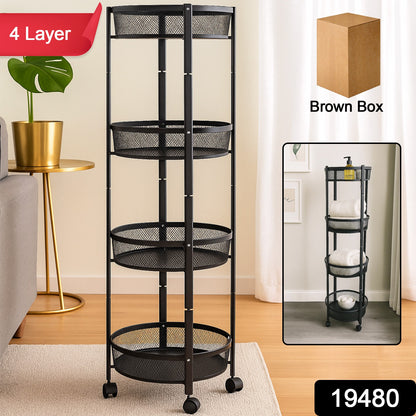 Wukusy 4-layer round metal mesh storage organizer rack with wheels, ideal for home improvement and versatile storage solutions.