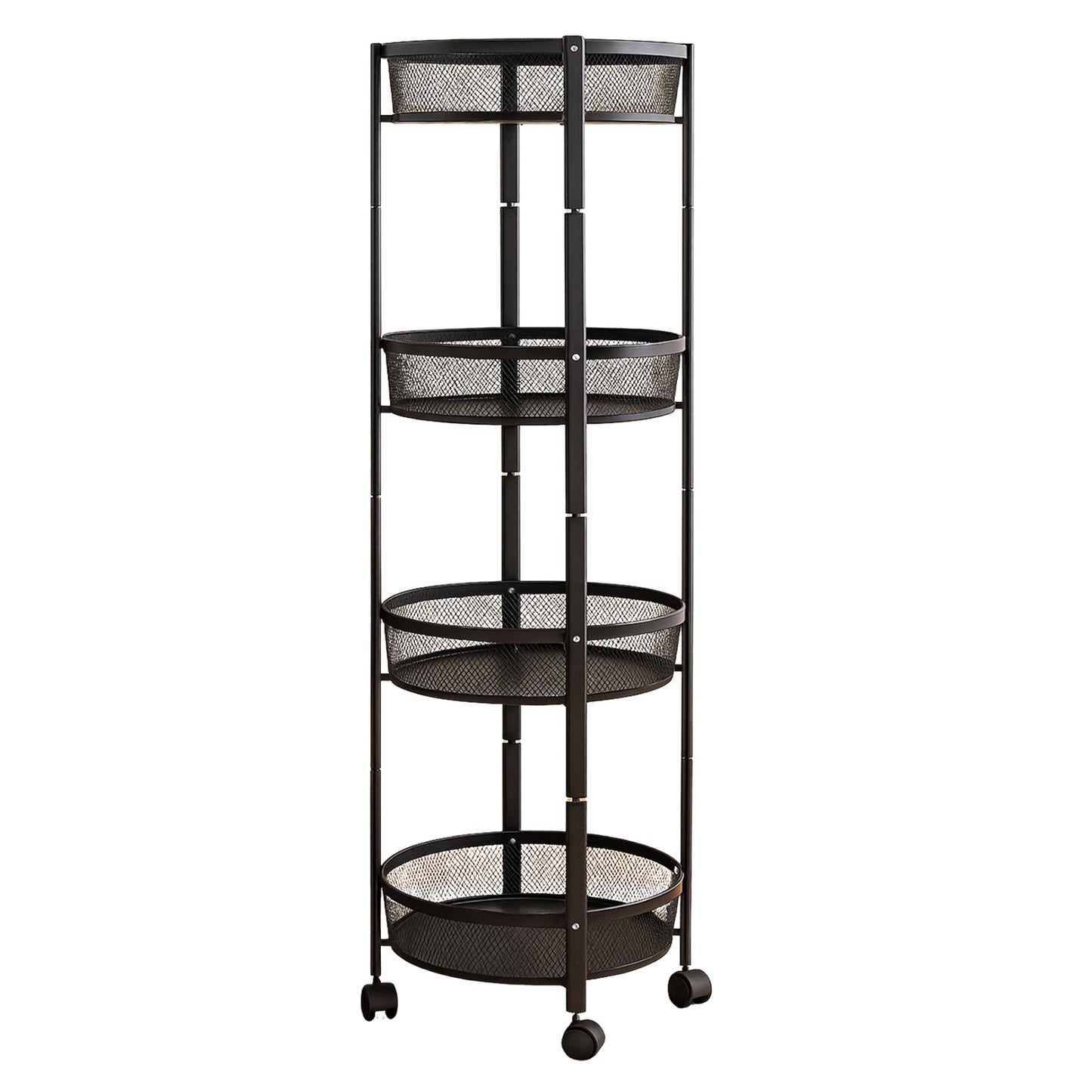 Wukusy 4-layer round metal mesh storage organizer rack with wheels for home improvement and easy mobility.