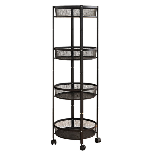 Wukusy 4-layer round metal mesh storage organizer rack with wheels for home improvement and easy mobility.
