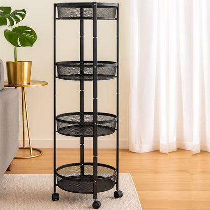 Wukusy 4-layer round metal mesh storage organizer rack with wheels, ideal for home improvement and organizing spaces.