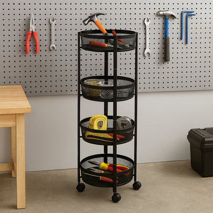 Wukusy 4-layer round metal mesh storage organizer rack with wheels, ideal for home organization and easy mobility.