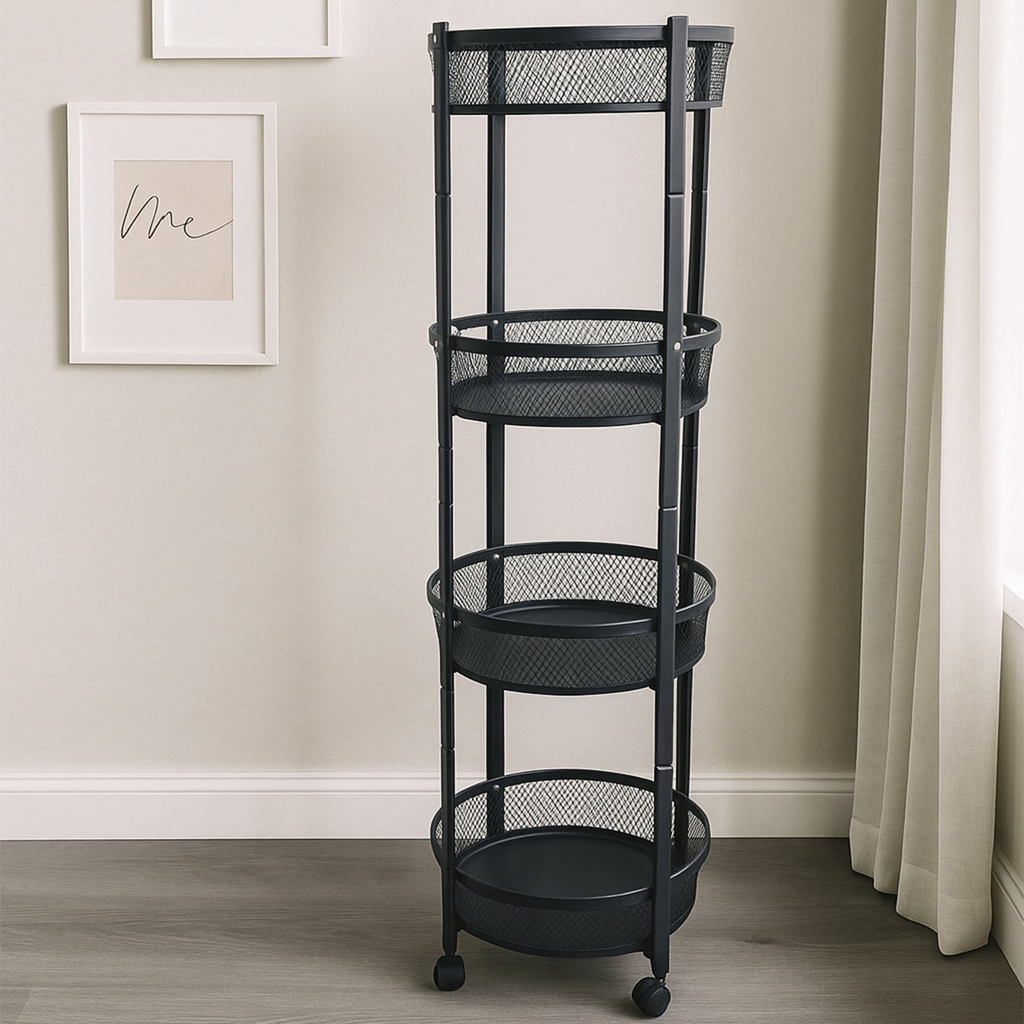 Wukusy 4-layer round metal mesh storage organizer rack with wheels, ideal for home organization and storage solutions.