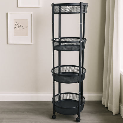 Wukusy 4-layer round metal mesh storage organizer rack with wheels, ideal for home organization and storage solutions.