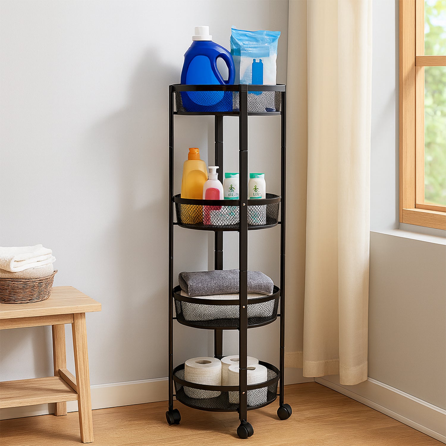 Wukusy 4-layer round metal mesh storage organizer rack with wheels for home organization and easy mobility.