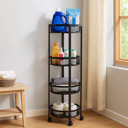 Wukusy 4-layer round metal mesh storage organizer rack with wheels for home organization and easy mobility.