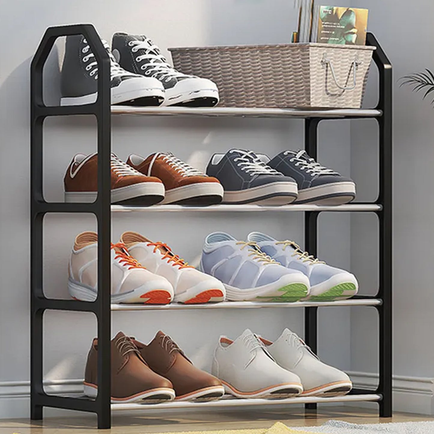 Wukusy 4-layer folding shoe rack for home organization, space-saving shoe storage with multiple tiers, sturdy and compact design