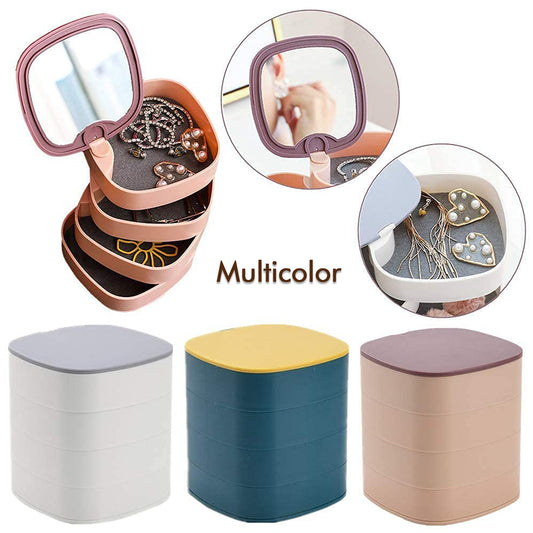 Wukusy 4023 4-layer rotating jewelry box with mirror, jewelry and earring organizer, multicolor home accessory storage.