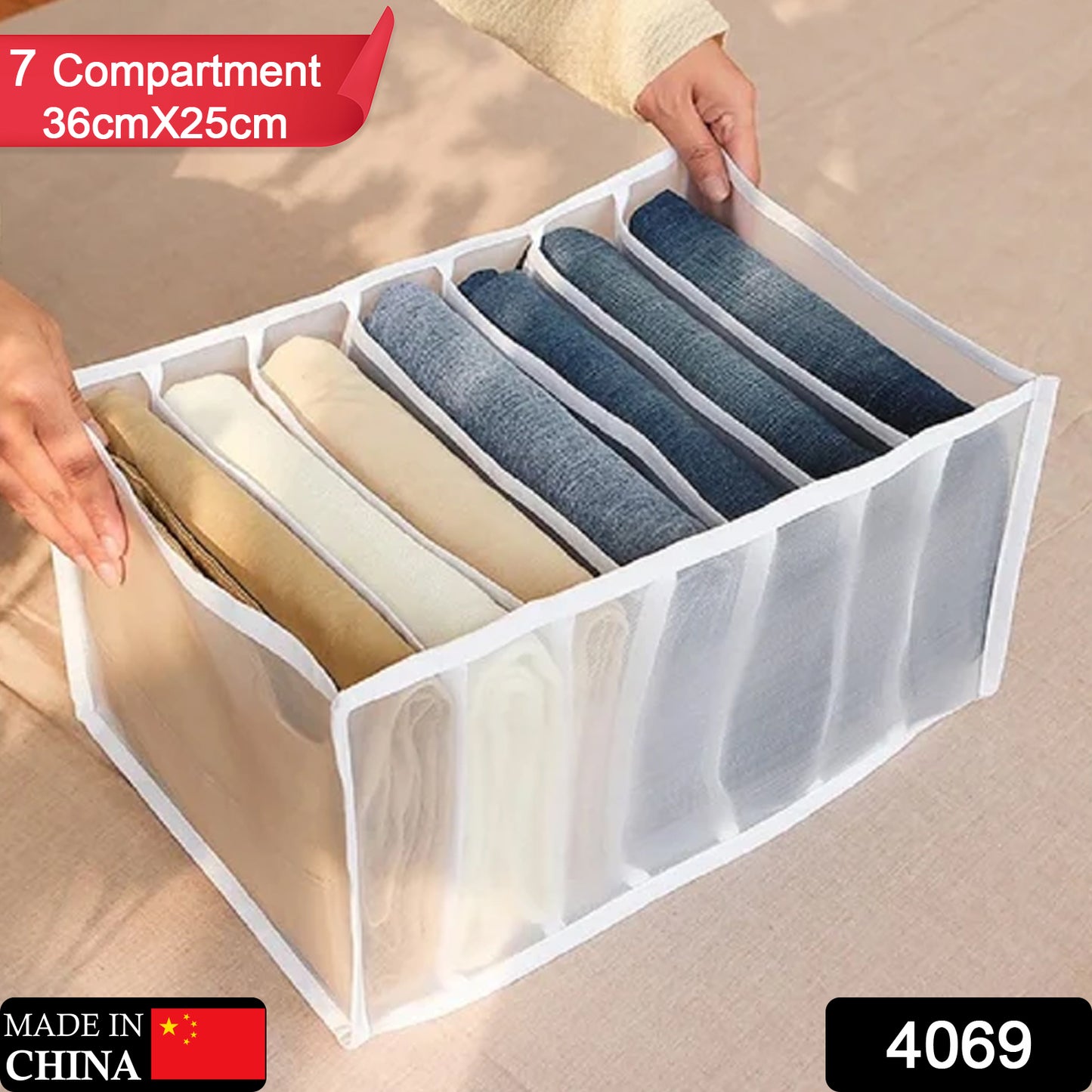Wukusy clothes organizer with 7-grid drawers for wardrobe storage, portable foldable design, ideal for jeans and closet organization.
