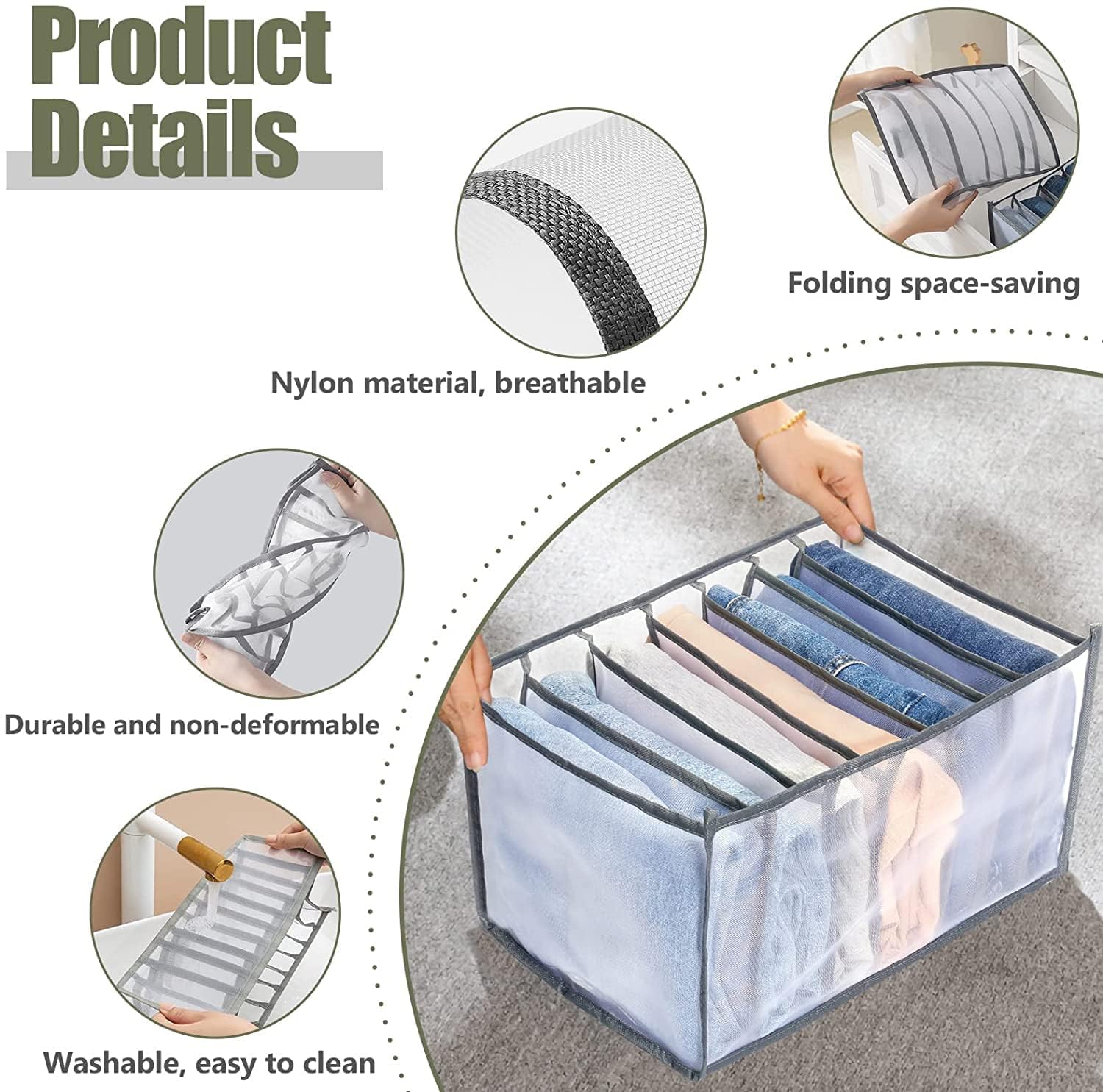 Wukusy clothes organizer with 7-grid drawers, portable foldable storage containers for wardrobe and closet organization.