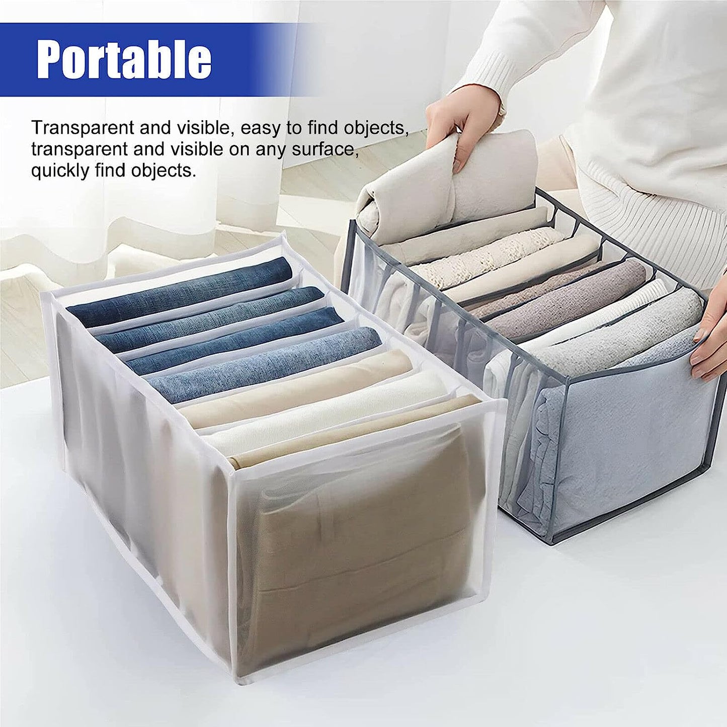 Wukusy clothes organizer with 7-grid drawers for wardrobe storage, portable foldable fabric containers for jeans and clothing.
