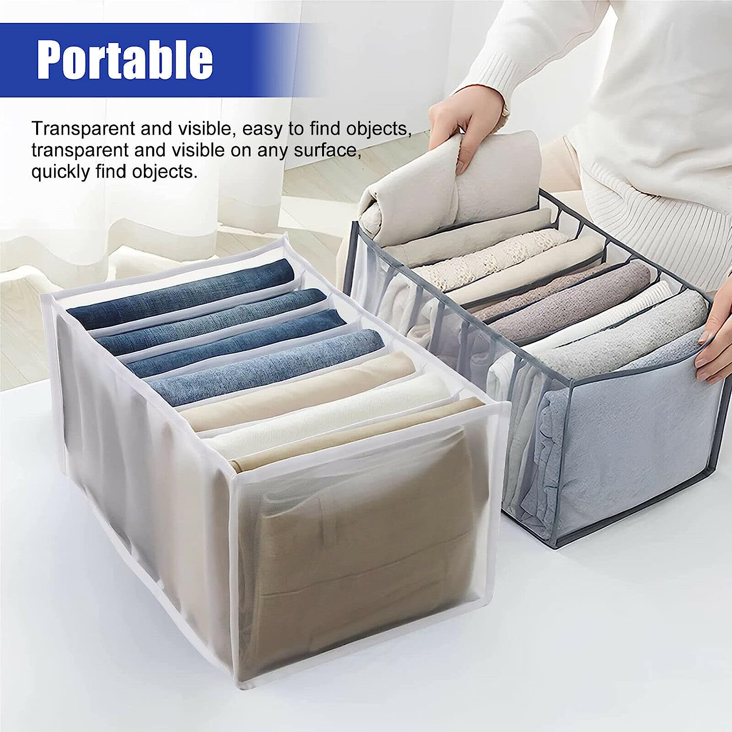 Wukusy clothes organizer with 7-grid drawers for wardrobe storage, portable foldable fabric containers for jeans and clothing.