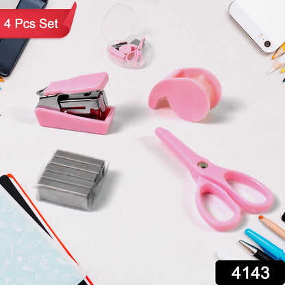 Wukusy Mini Office Stationery Set with stapler, scissors, paper clips, tape dispenser, transparent tape, and staples for home office use
