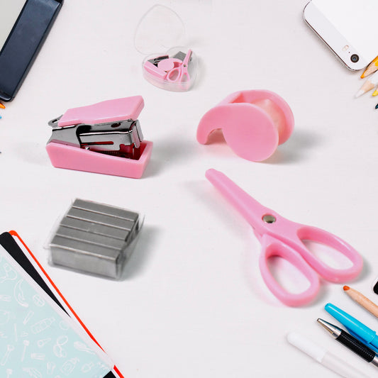 Wukusy Mini Office Stationery Set with stapler, scissors, paper clips, tape dispenser, transparent tape, and staples for home office use.