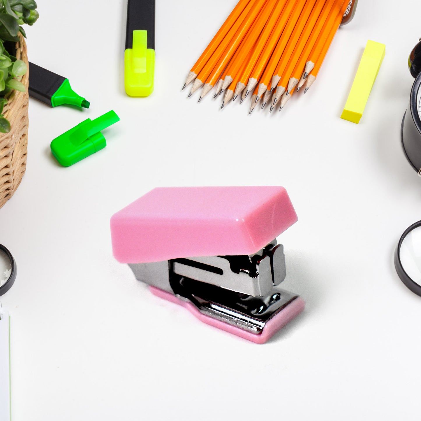 Wukusy Mini Office Stationery Set with stapler, scissors, paper clips, tape dispenser, transparent tape, and staples.