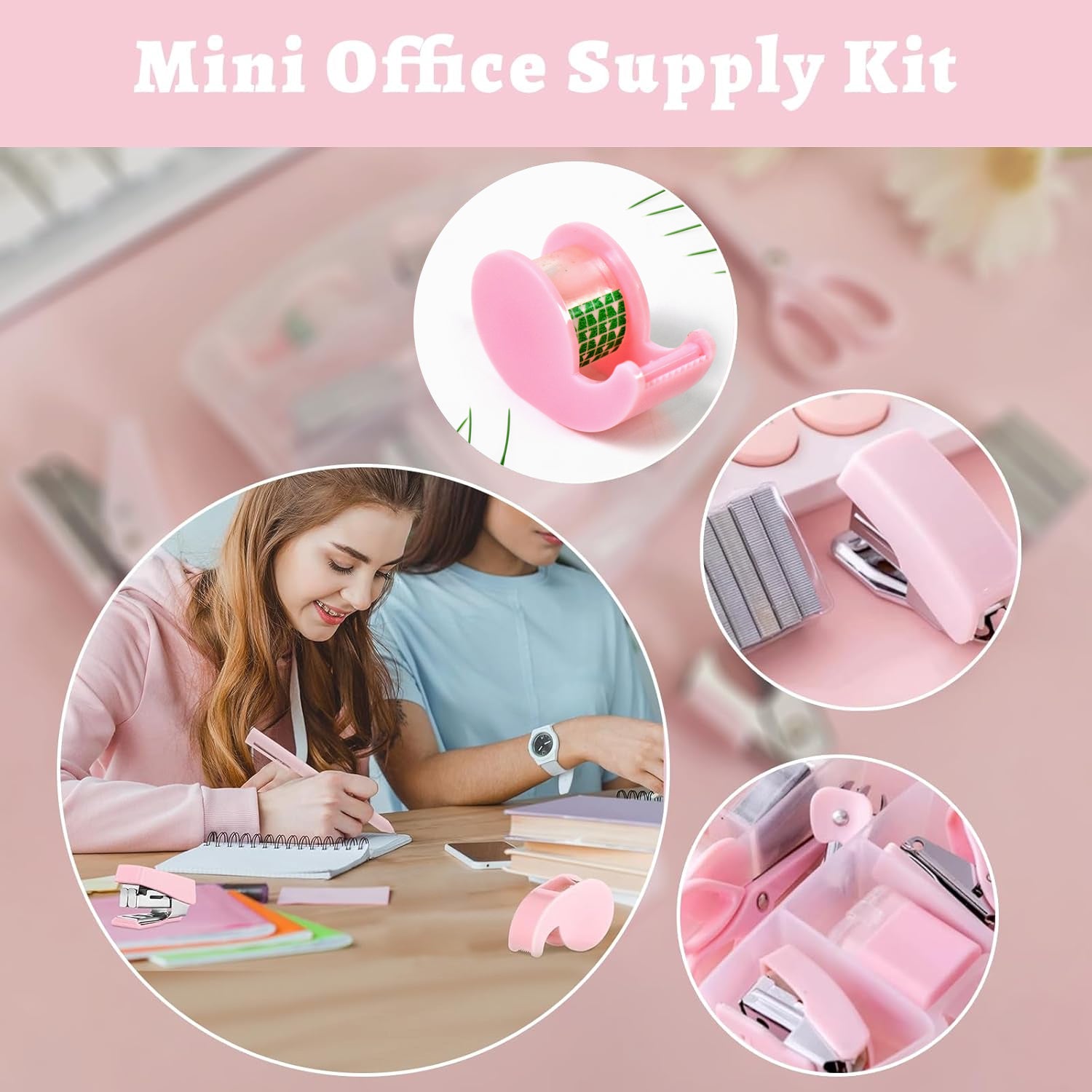 Wukusy Mini Office Stationery Set with stapler, scissors, paper clips, tape dispenser, transparent tape, and staples on a home office desk.