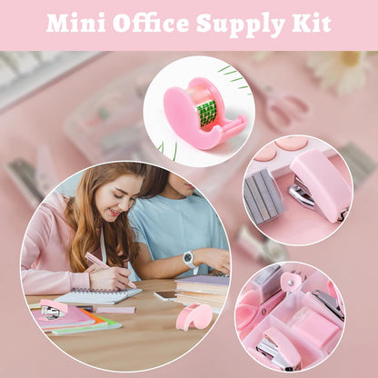 Wukusy Mini Office Stationery Set with stapler, scissors, paper clips, tape dispenser, transparent tape, and staples on a home office desk.